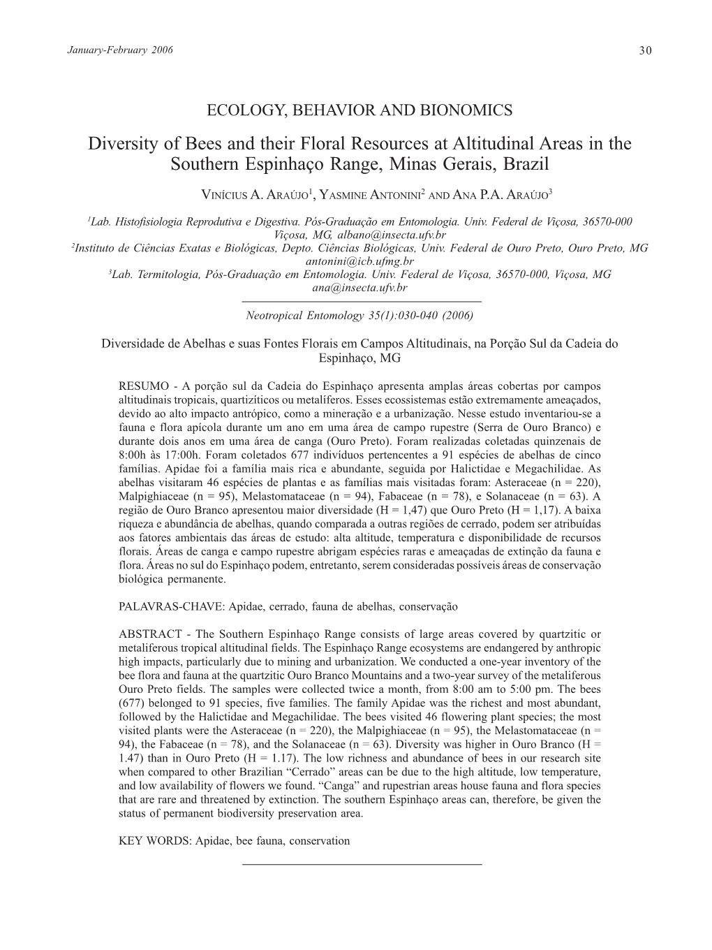 Diversity of Bees and Their Floral Resources at Altitudinal Areas in the Southern Espinhaço Range, Minas Gerais, Brazil