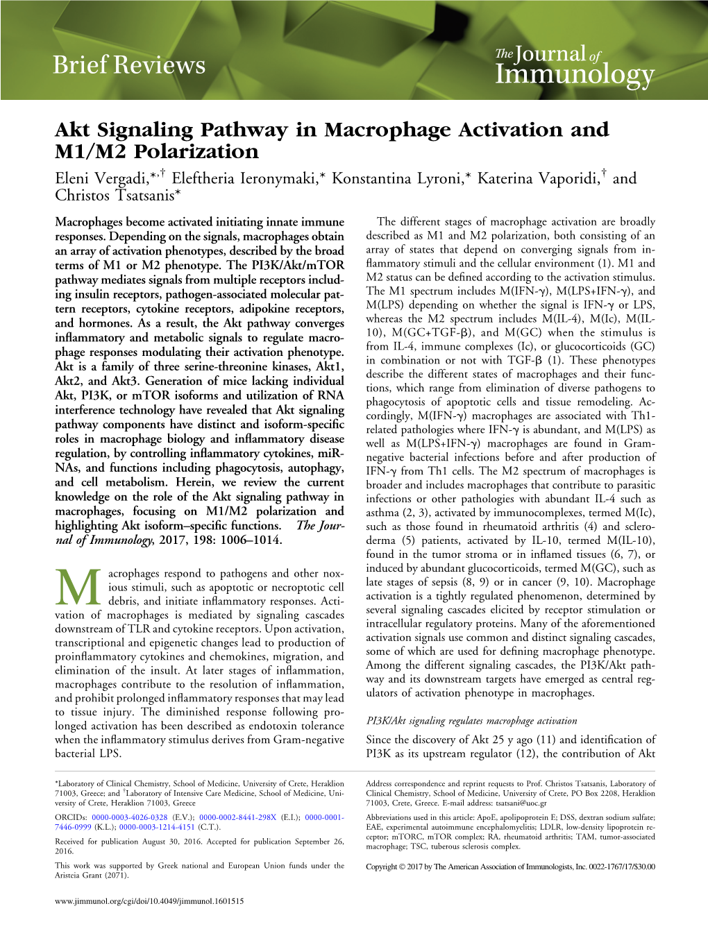 Akt Signaling Pathway in Macrophage Activation and M1/M2 Polarization