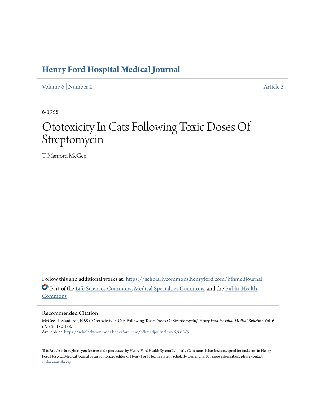 Ototoxicity in Cats Following Toxic Doses of Streptomycin T