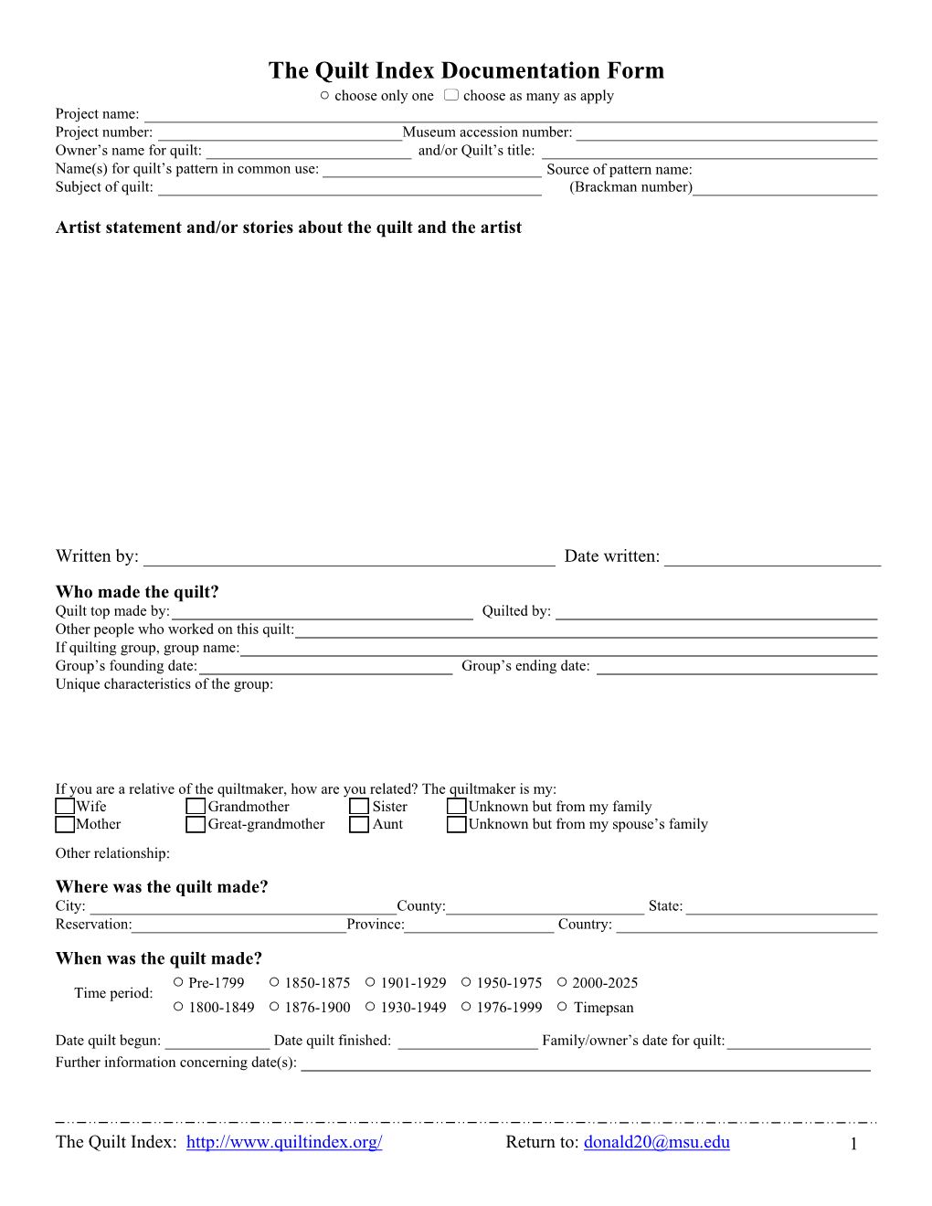 The Quilt Index Documentation Form