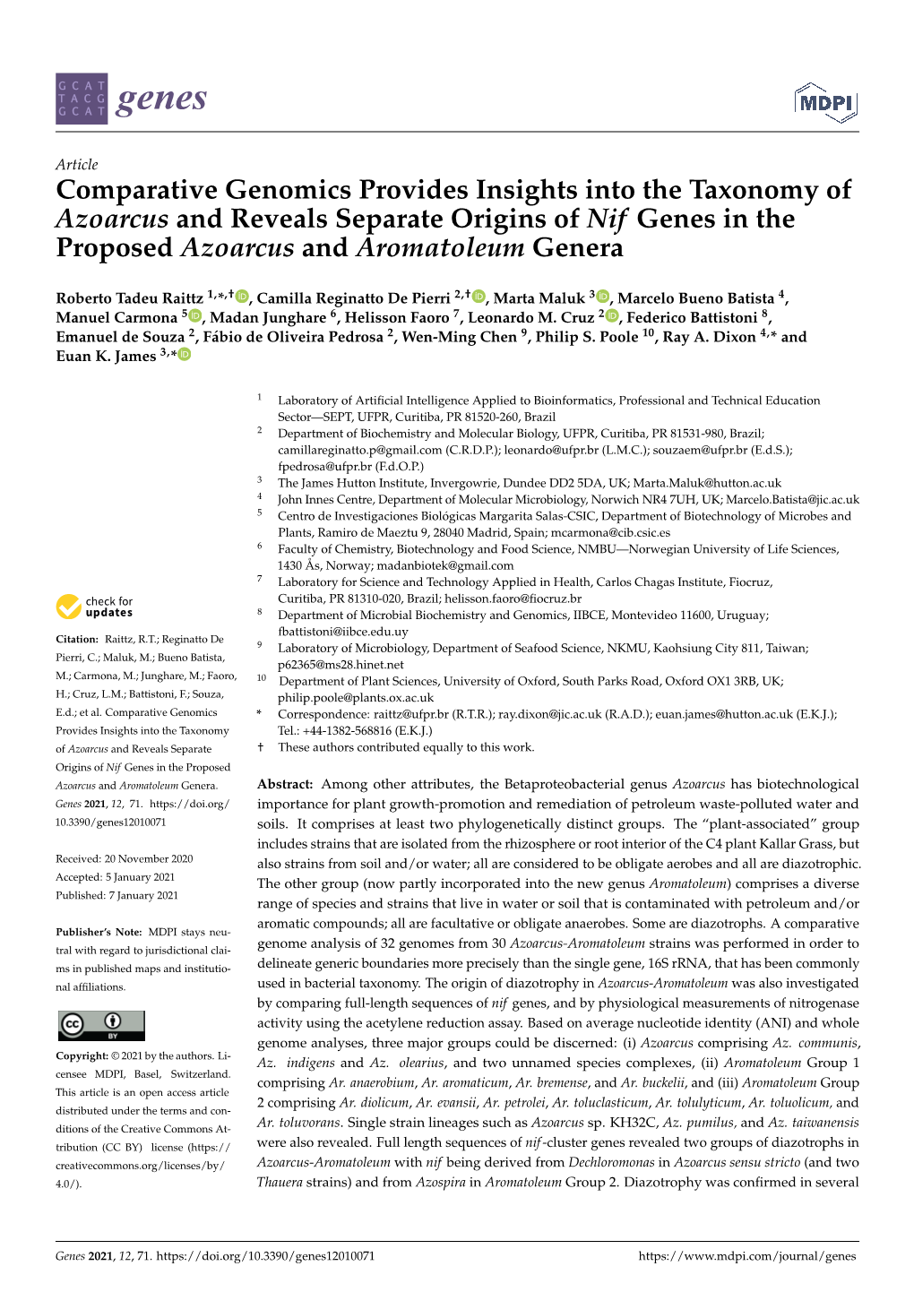 Comparative Genomics Provides Insights Into the Taxonomy of Azoarcus and Reveals Separate Origins of Nif Genes in the Proposed Azoarcus and Aromatoleum Genera