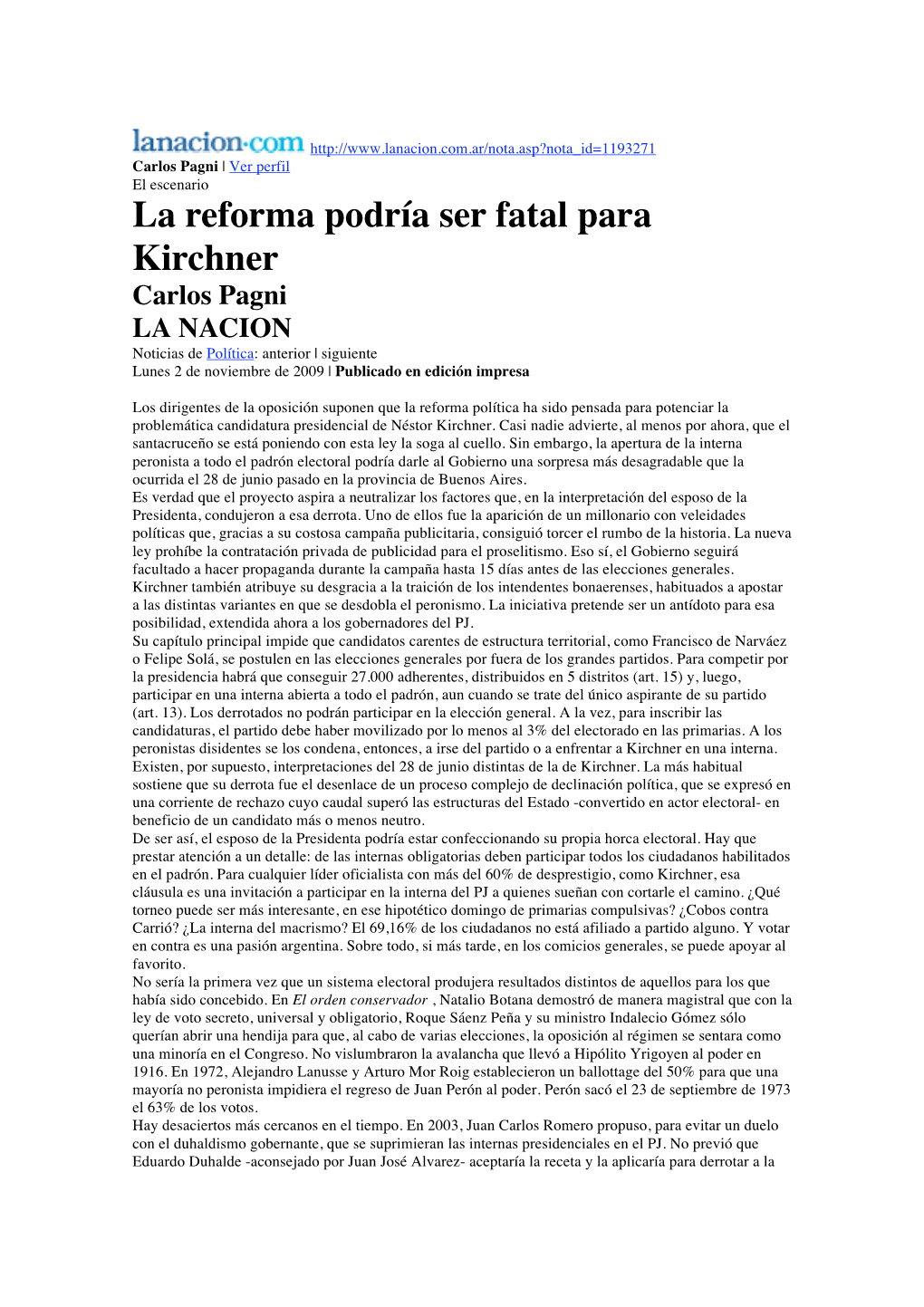 La Reforma Podría Ser Fatal Para Kirchner