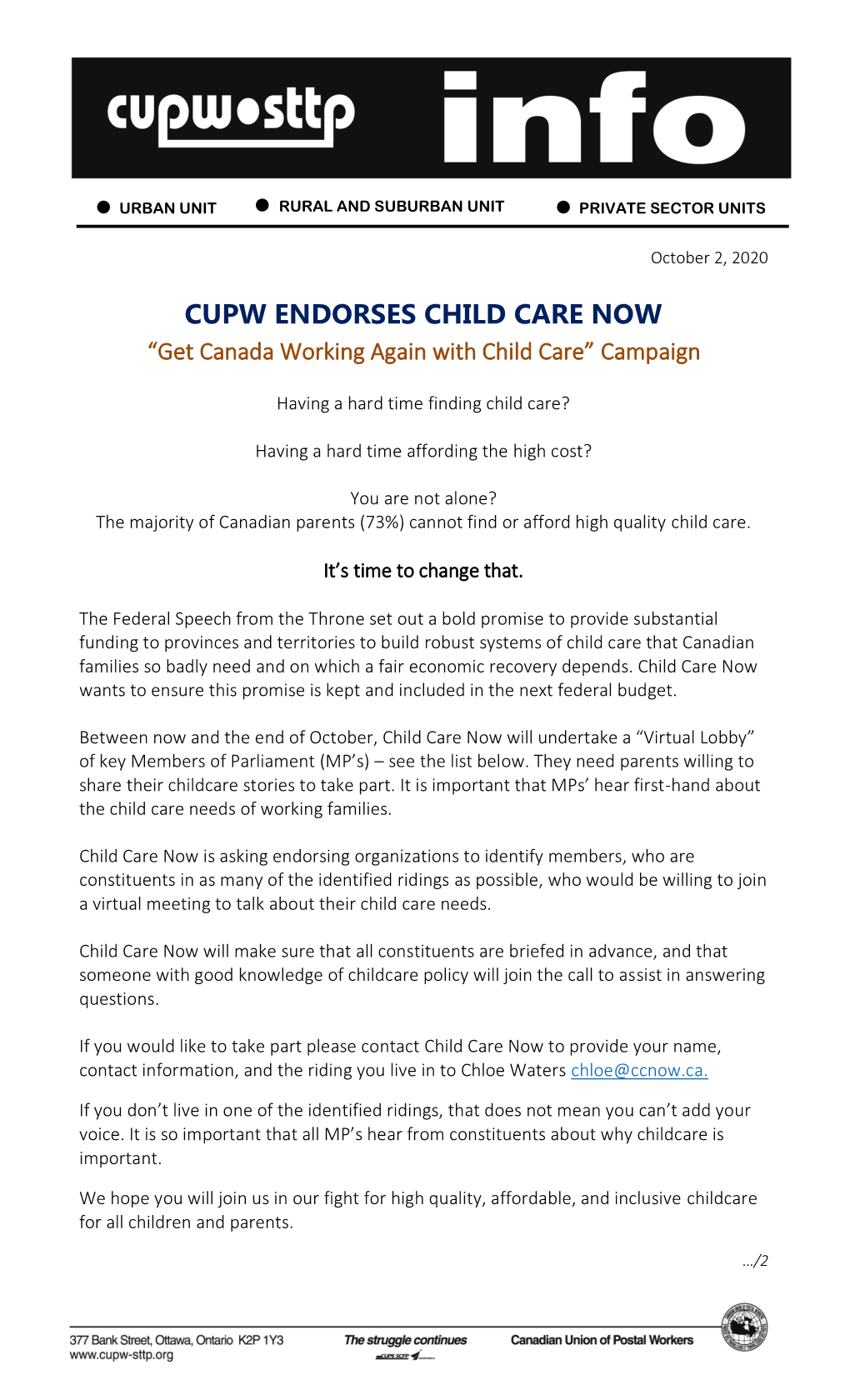 CUPW ENDORSES CHILD CARE NOW “Get Canada Working Again with Child Care” Campaign