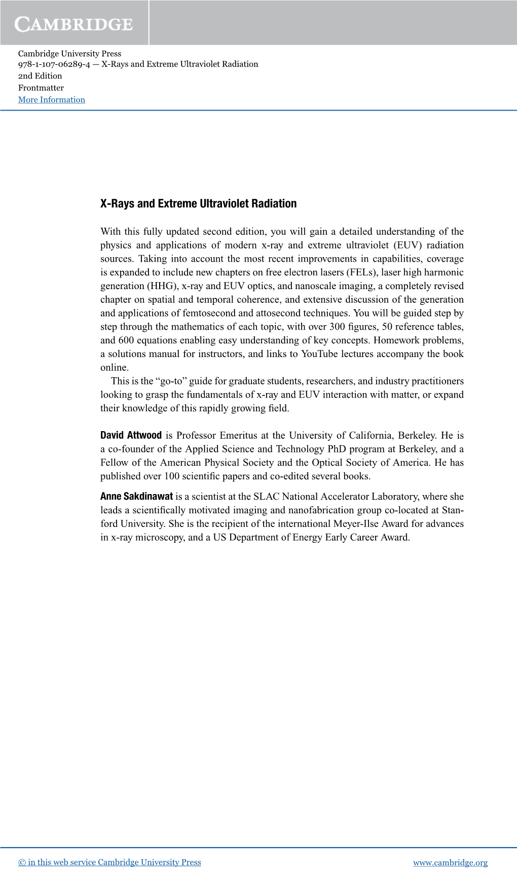 X-Rays and Extreme Ultraviolet Radiation 2Nd Edition Frontmatter More Information