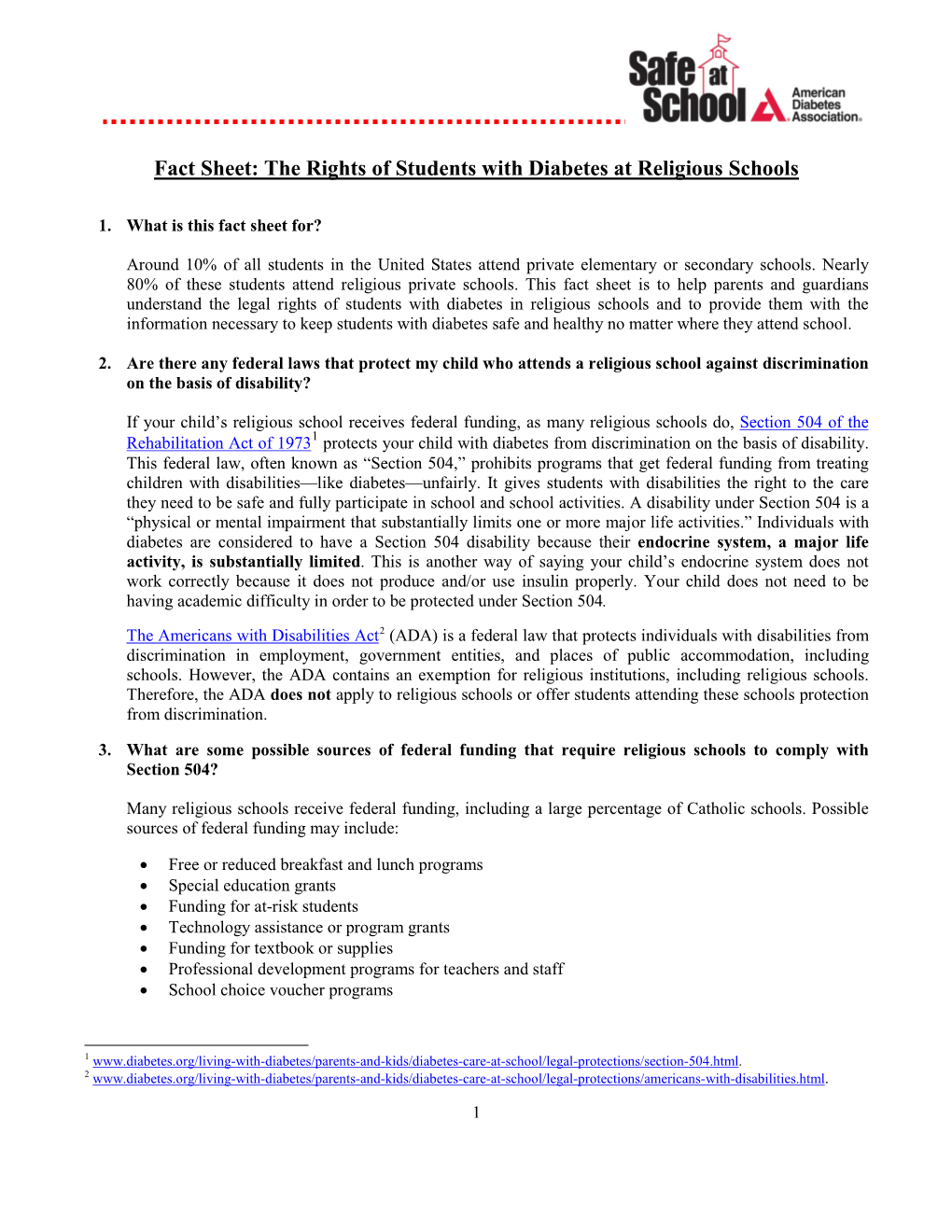 Fact Sheet: the Rights of Students with Diabetes at Religious Schools