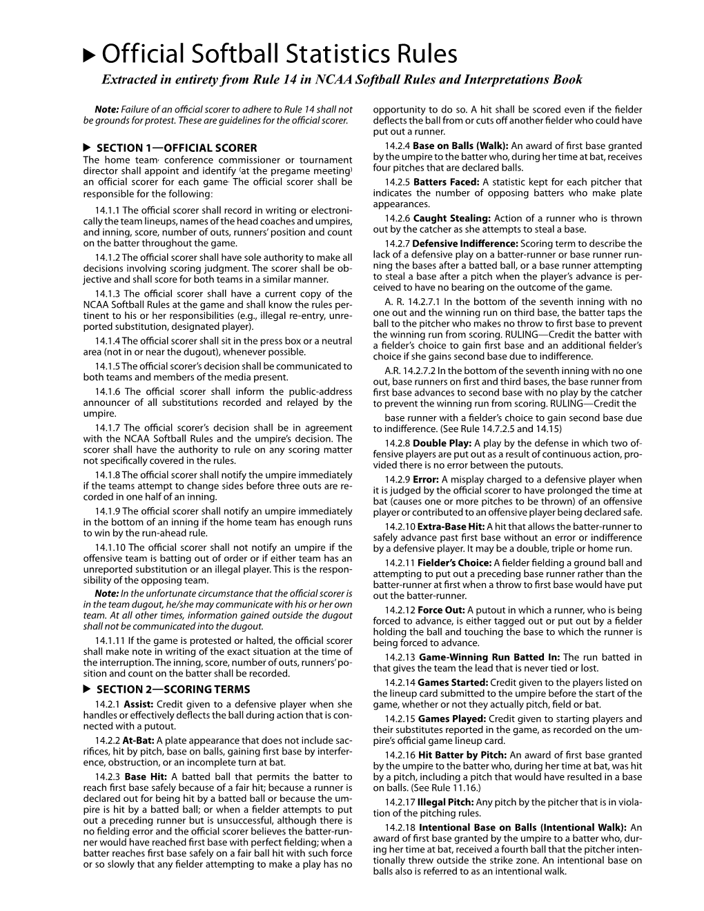 Official Softball Statistics Rules Extracted in Entirety from Rule 14 in NCAA Softball Rules and Interpretations Book