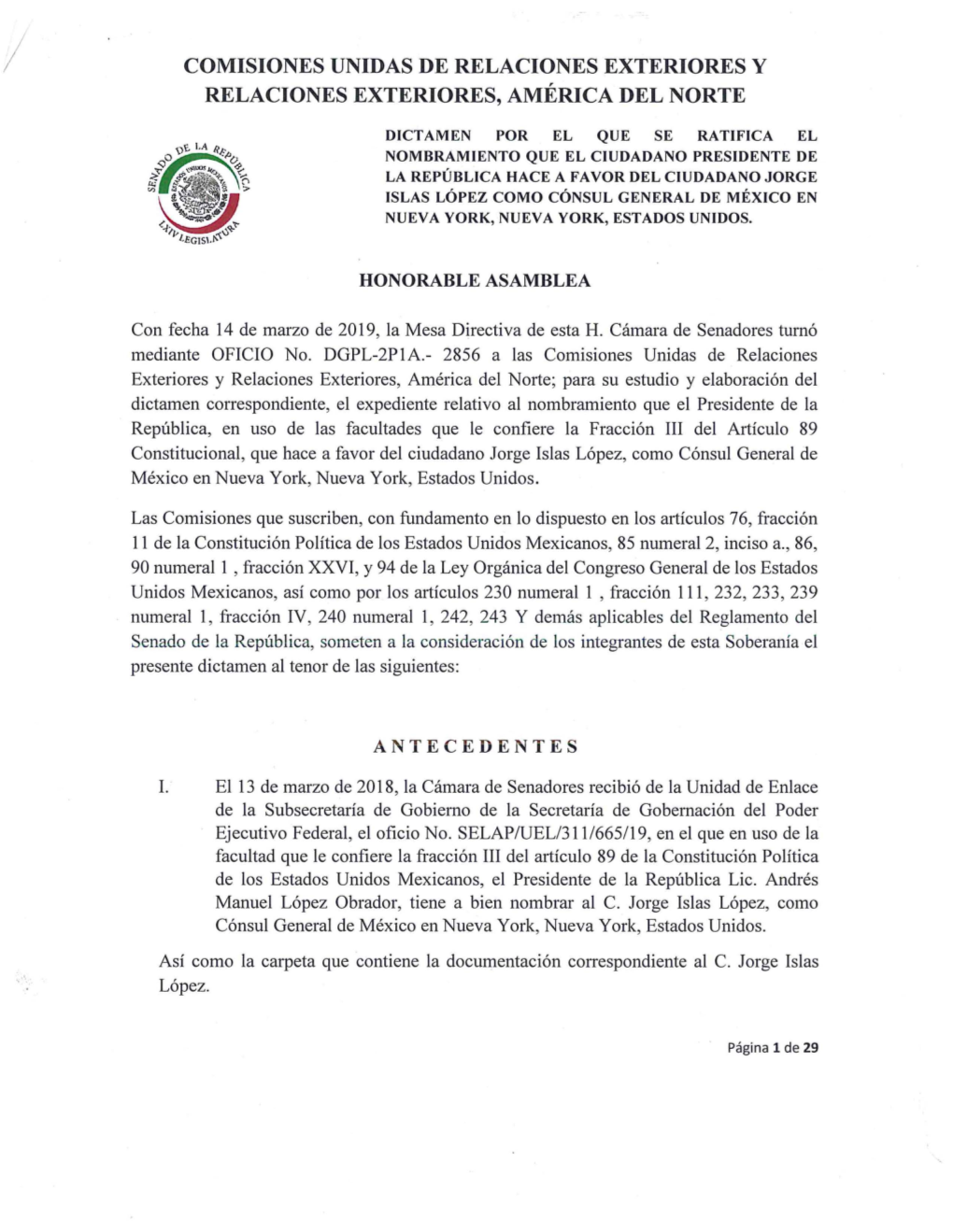 Comisiones Unidas De Relaciones Exteriores Y Relaciones Exteriores, América Del Norte