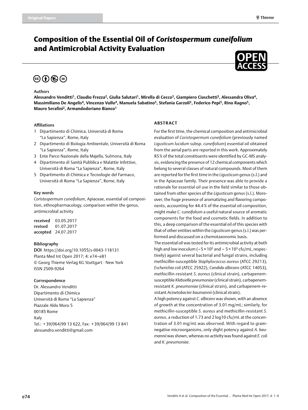 Composition of the Essential Oil of Coristospermum Cuneifolium and Antimicrobial Activity Evaluation