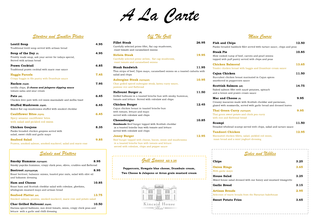 À La Carte Menu