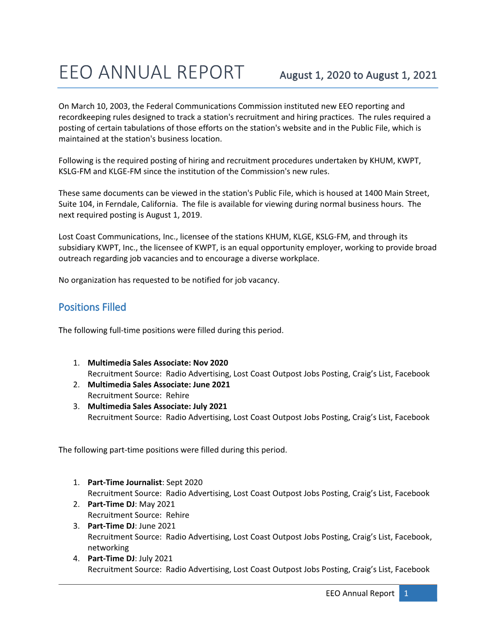 EEO ANNUAL REPORT August 1, 2020 to August 1, 2021