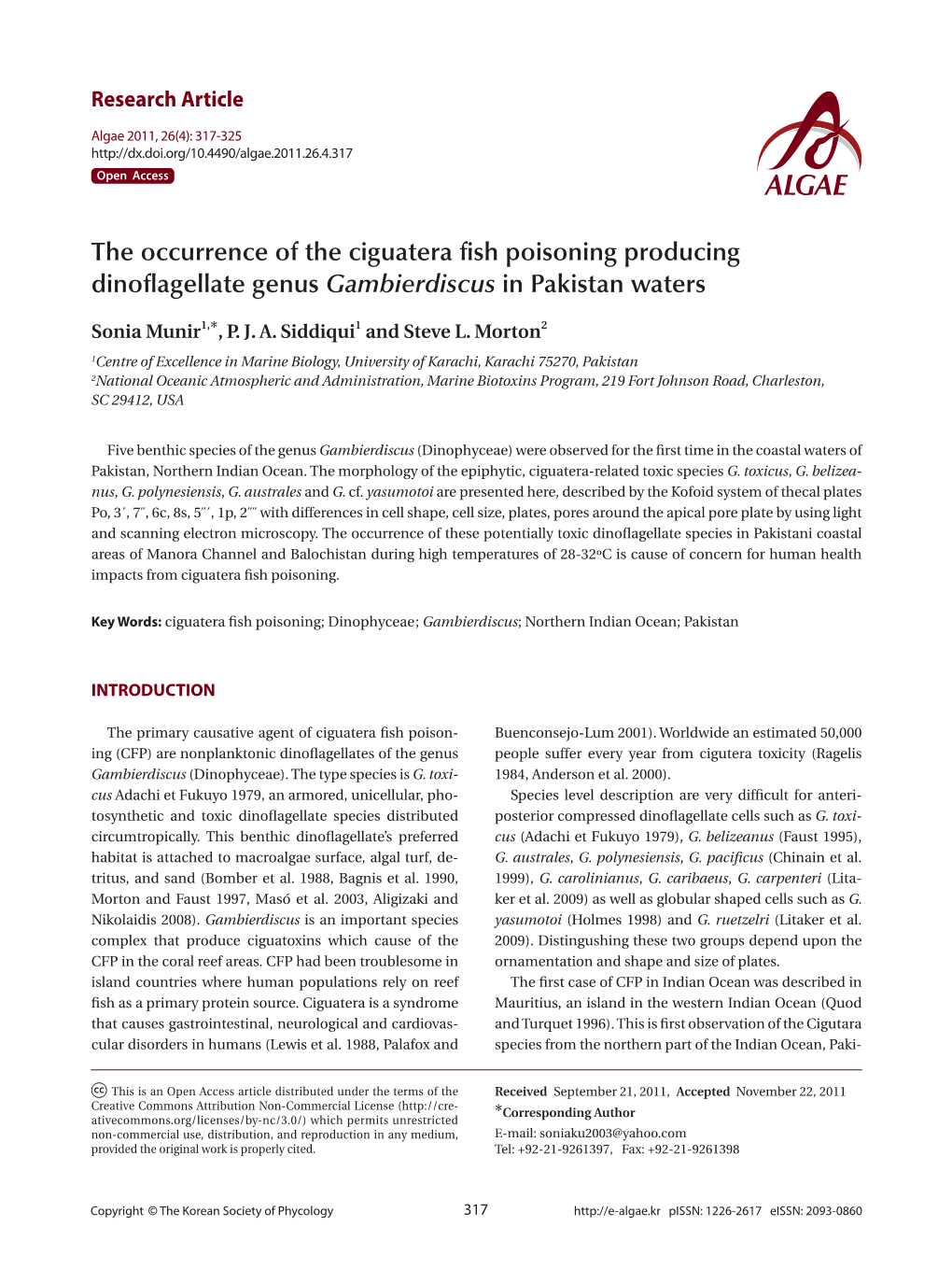 The Occurrence of the Ciguatera Fish Poisoning Producing Dinoflagellate Genusgambierdiscus in Pakistan Waters