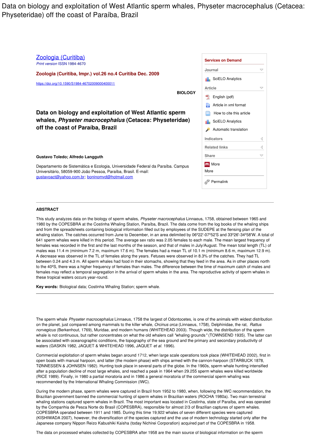 Data on Biology and Exploitation of West Atlantic Sperm Whales, Physeter Macrocephalus (Cetacea