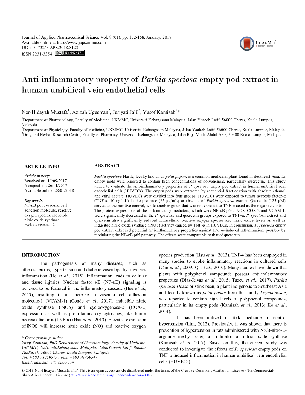 Parkia Speciosa Empty Pod Extract in Human Umbilical Vein Endothelial Cells