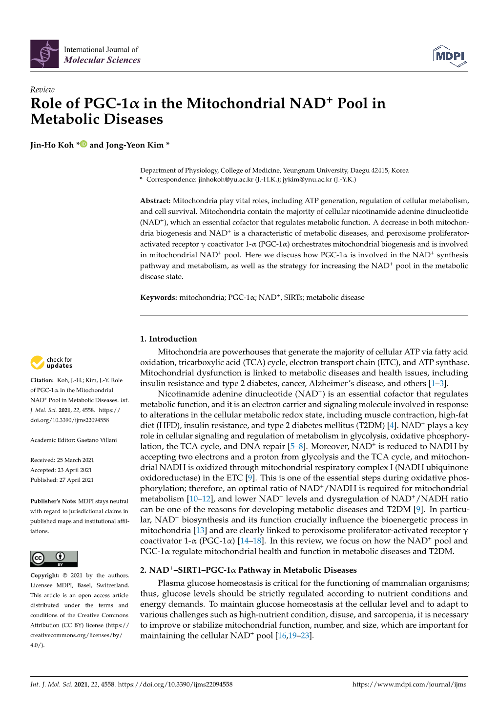 Role of PGC-1 in the Mitochondrial NAD+ Pool in Metabolic Diseases