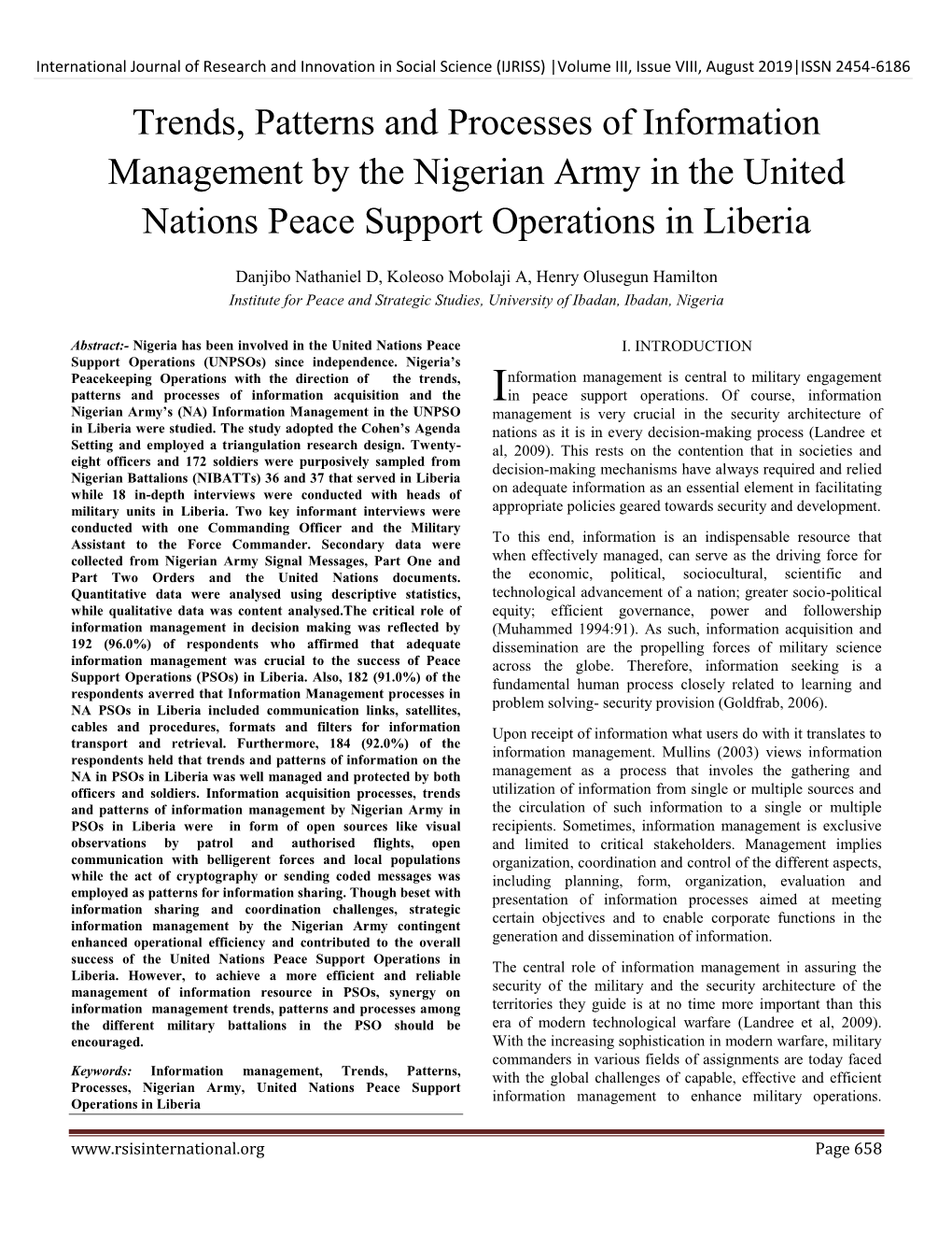 Trends, Patterns and Processes of Information Management by the Nigerian Army in the United Nations Peace Support Operations in Liberia