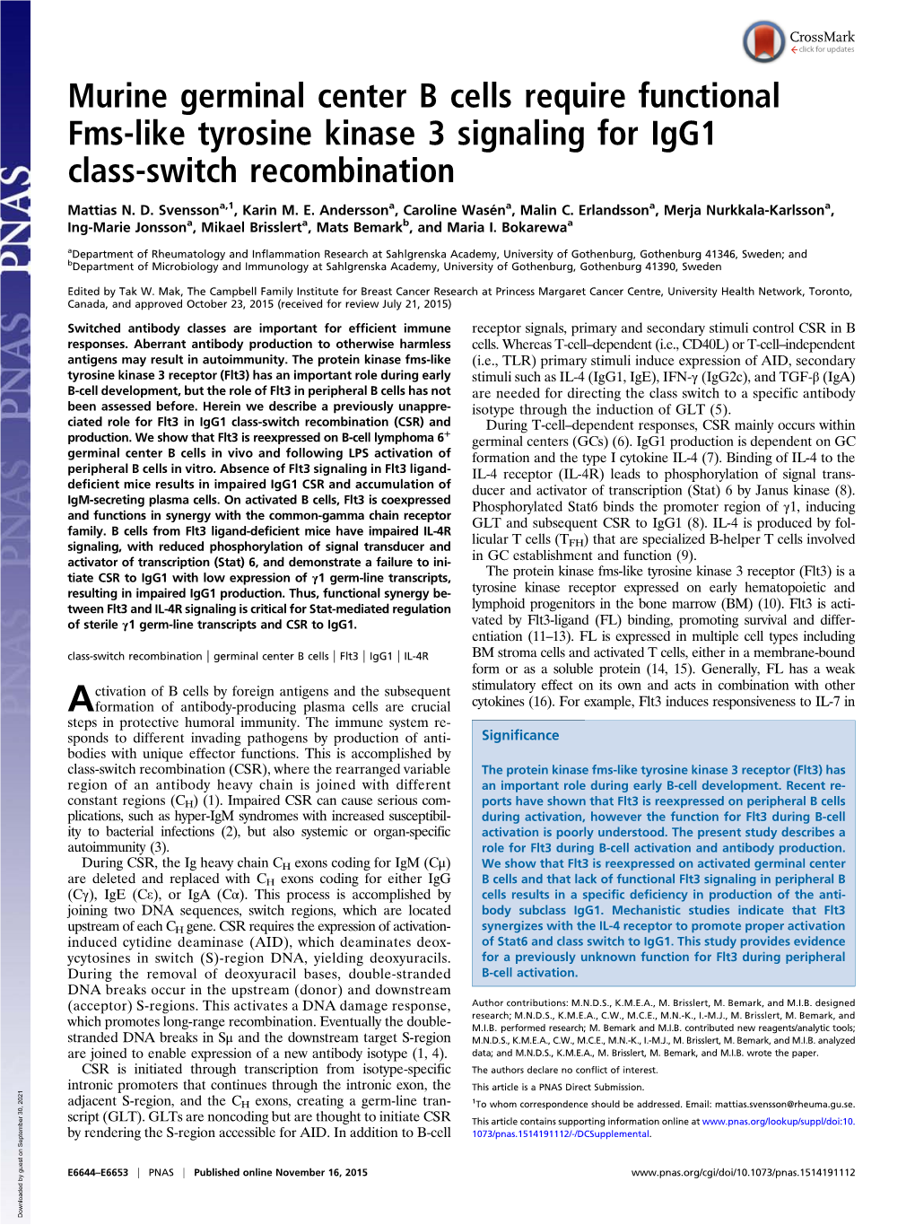 Murine Germinal Center B Cells Require Functional Fms-Like Tyrosine Kinase 3 Signaling for Igg1 Class-Switch Recombination