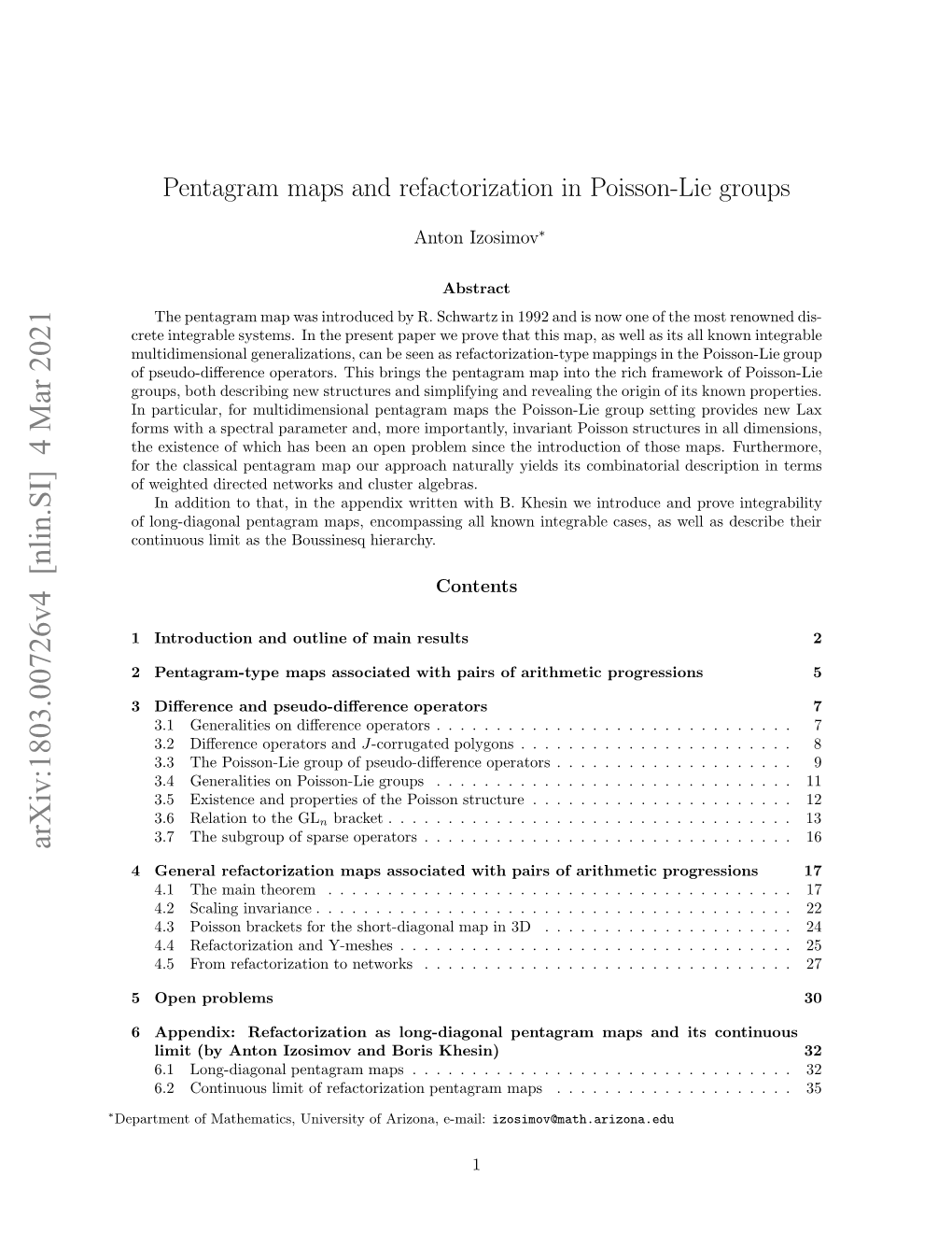 Arxiv:1803.00726V4 [Nlin.SI] 4 Mar 2021