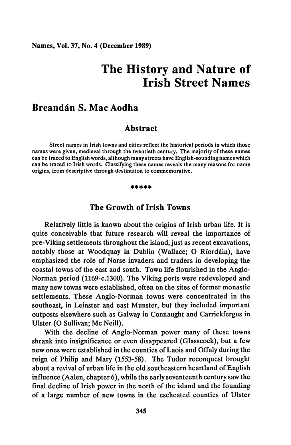 The History and Nature of Irish Street Names