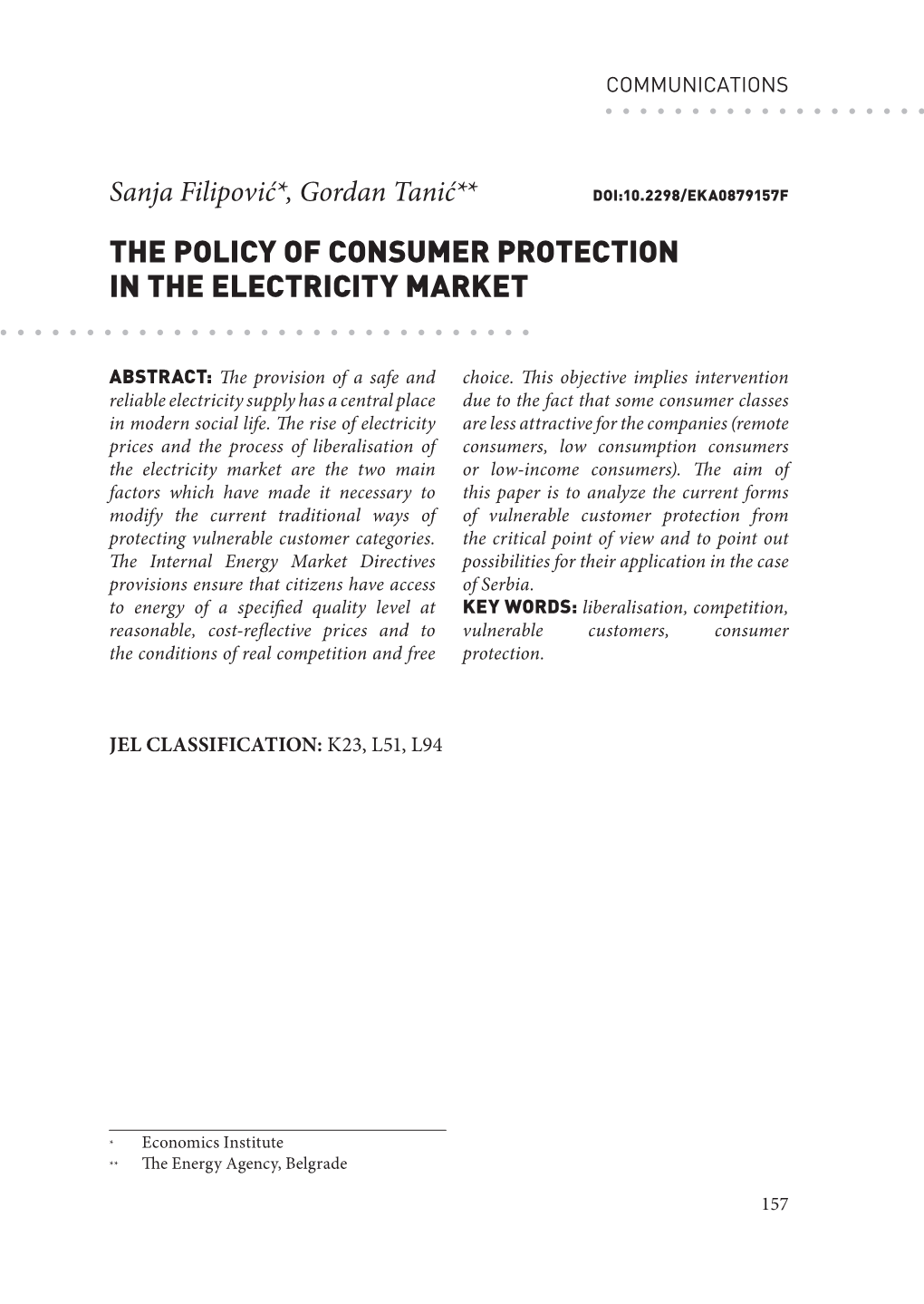 The Policy of Consumer Protection in the Electricity Market