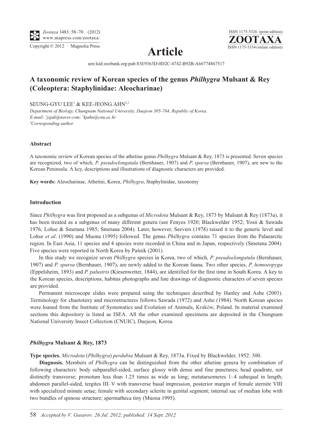 A Taxonomic Review of Korean Species of the Genus Philhygra Mulsant & Rey (Coleoptera: Staphylinidae: Aleocharinae)