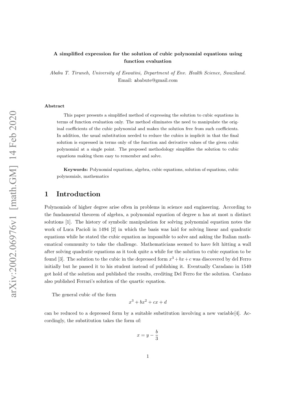 A Simplified Expression for the Solution of Cubic Polynomial Equations