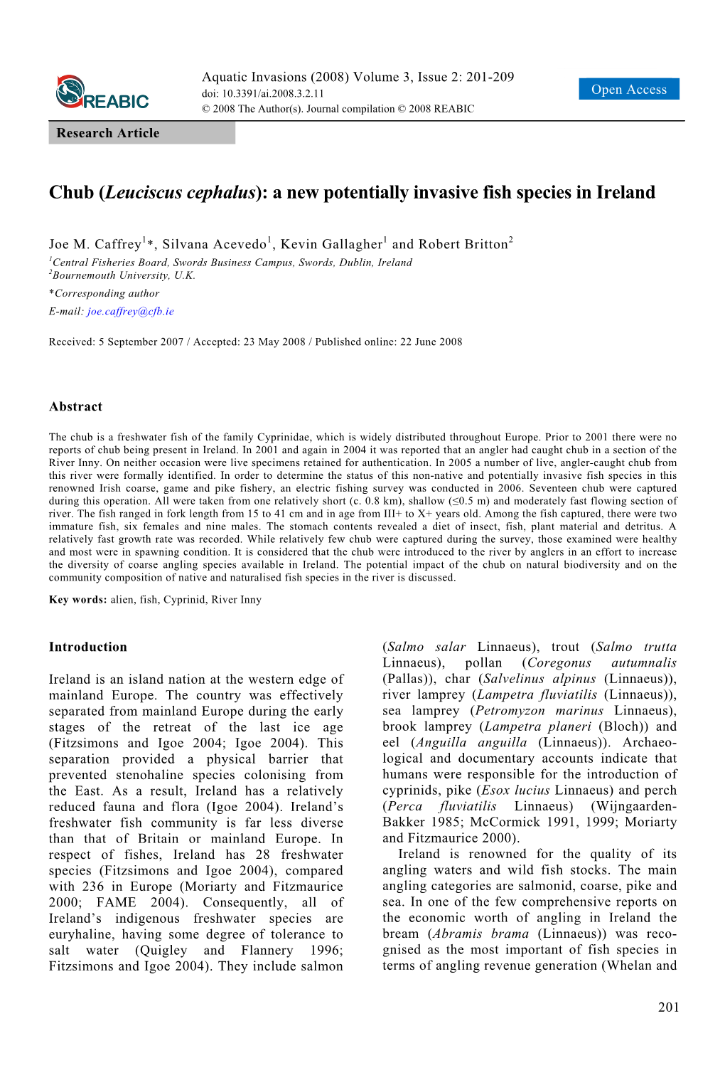 Chub (Leuciscus Cephalus): a New Potentially Invasive Fish Species in Ireland