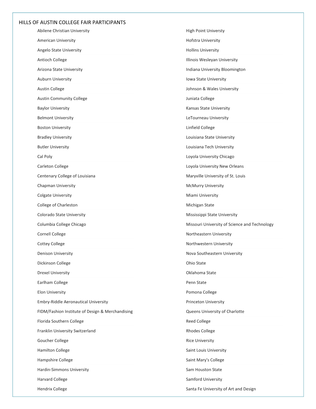 HILLS of AUSTIN COLLEGE FAIR PARTICIPANTS Abilene Christian University High Point Universty
