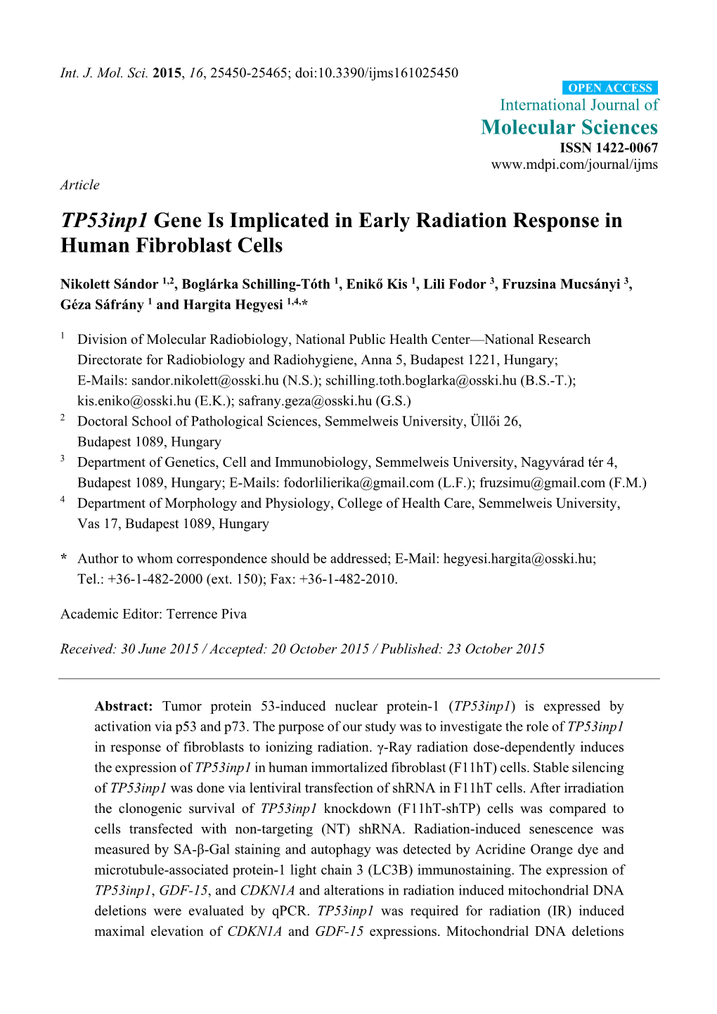 Tp53inp1 Gene Is Implicated in Early Radiation Response in Human Fibroblast Cells