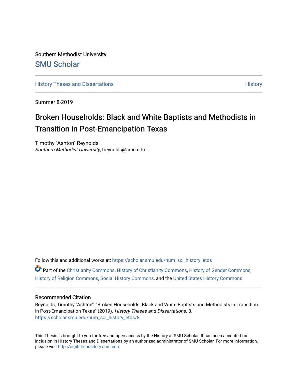 Black and White Baptists and Methodists in Transition in Post-Emancipation Texas