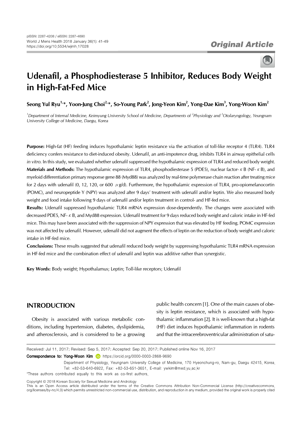 Udenafil, a Phosphodiesterase 5 Inhibitor, Reduces Body Weight in High-Fat-Fed Mice