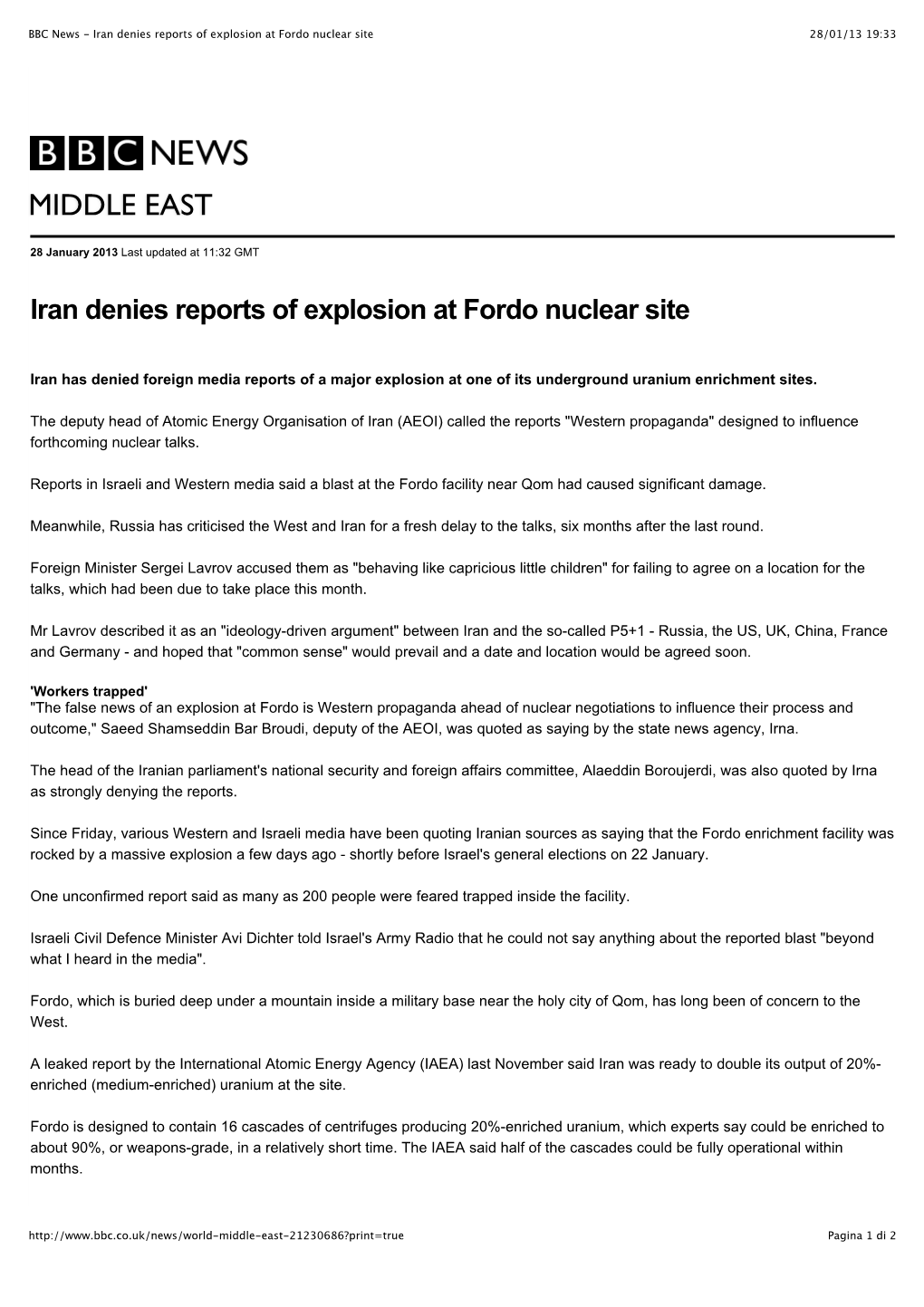 Iran Denies Reports of Explosion at Fordo Nuclear Site 28/01/13 19:33
