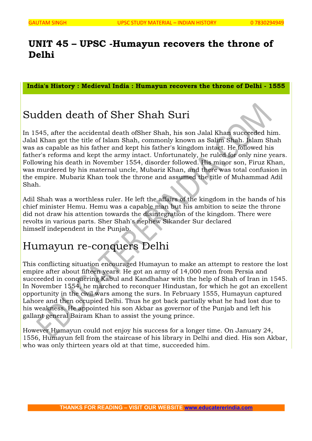 Sudden Death of Sher Shah Suri Humayun Re