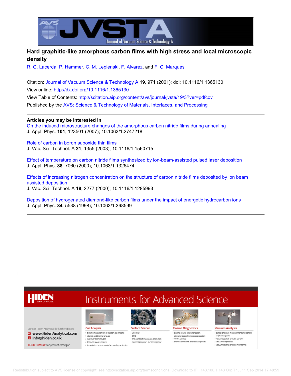 Hard Graphitic-Like Amorphous Carbon Films with High Stress and Local Microscopic Density R