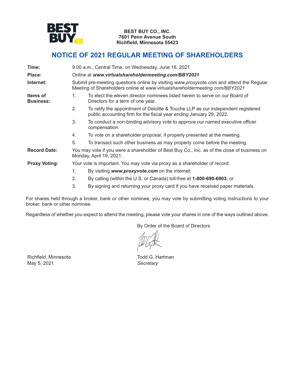 Notice of 2021 Regular Meeting of Shareholders