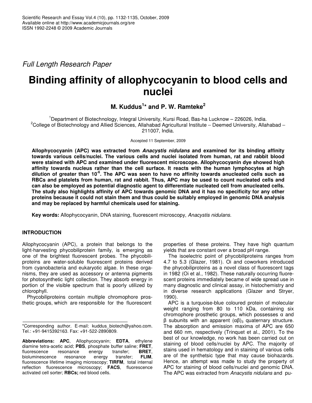 Binding Affinity of Allophycocyanin to Blood Cells and Nuclei