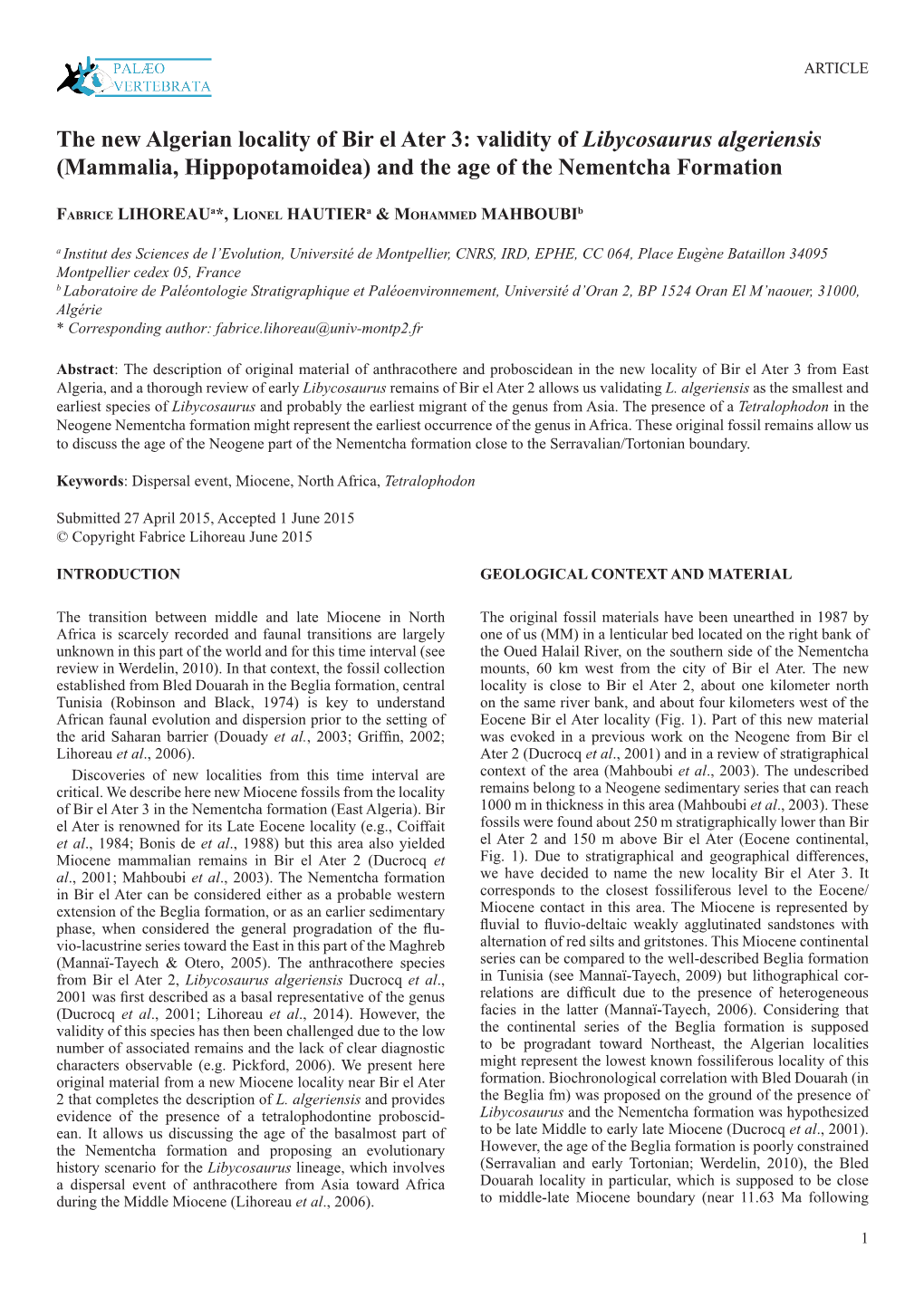 The New Algerian Locality of Bir El Ater 3: Validity of Libycosaurus Algeriensis (Mammalia, Hippopotamoidea) and the Age of the Nementcha Formation