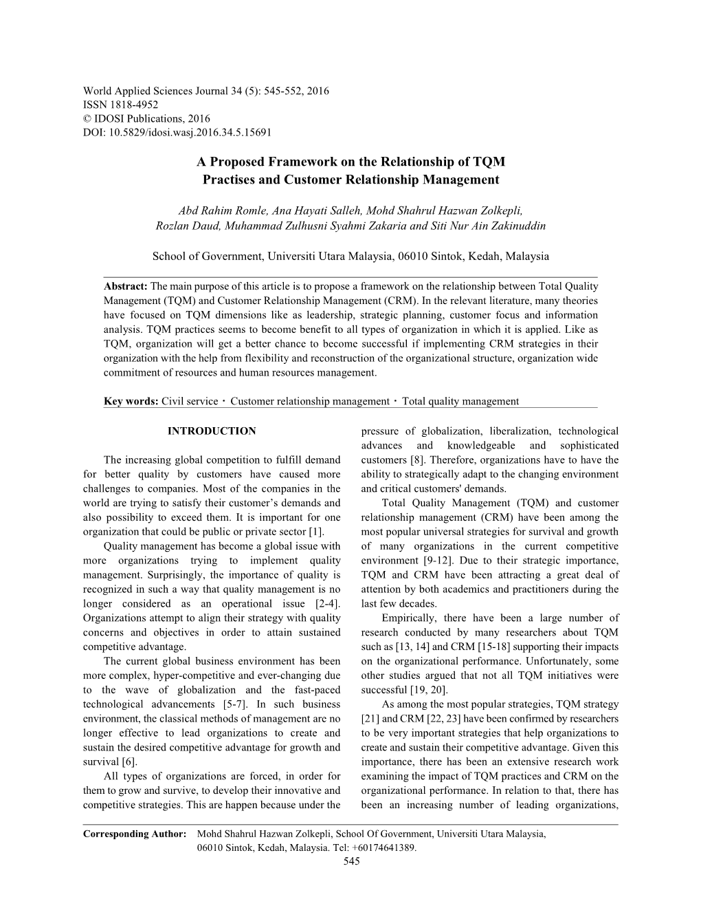 A Proposed Framework on the Relationship of TQM Practises and Customer Relationship Management