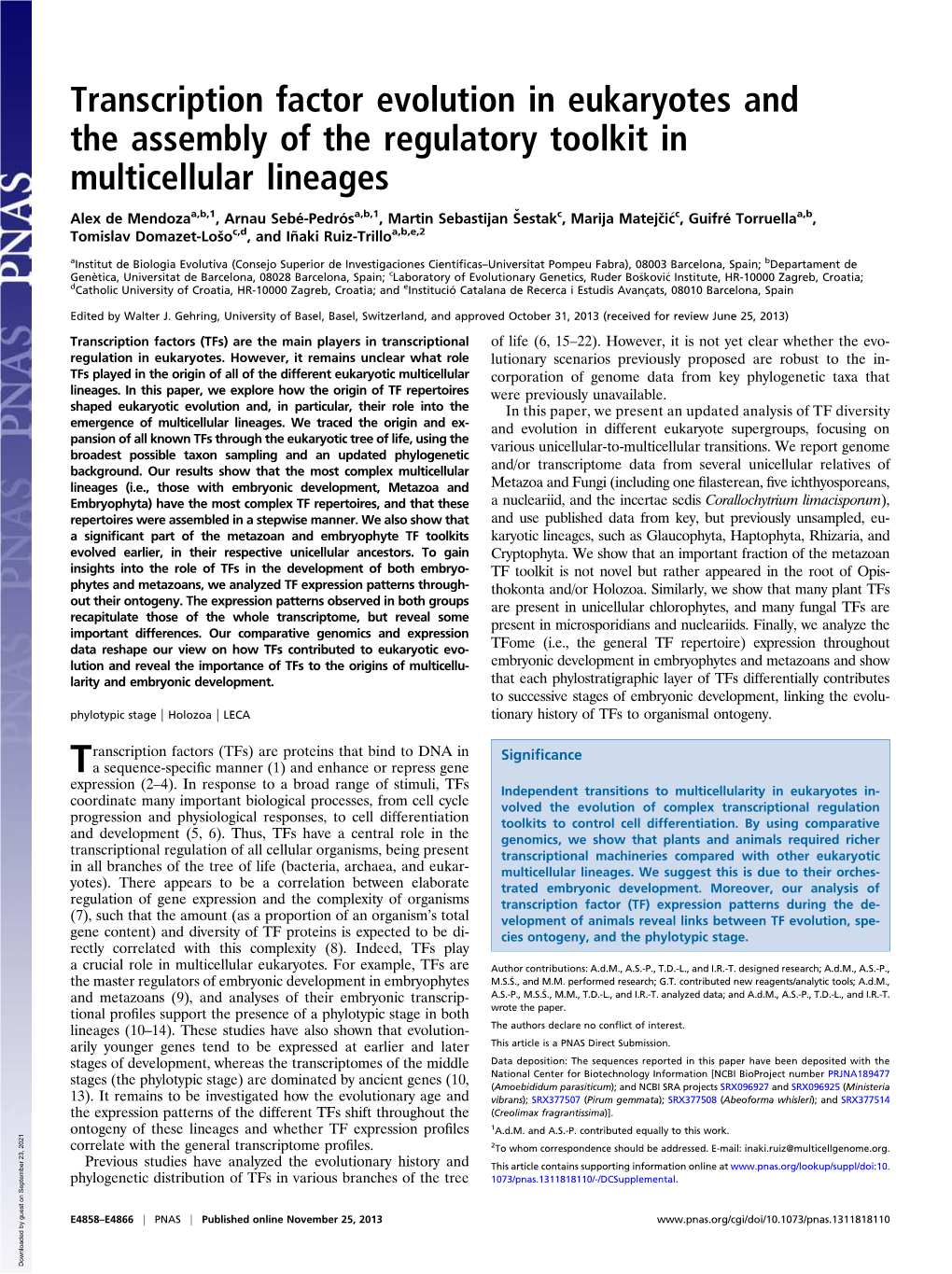 Transcription Factor Evolution in Eukaryotes and the Assembly of the Regulatory Toolkit in Multicellular Lineages