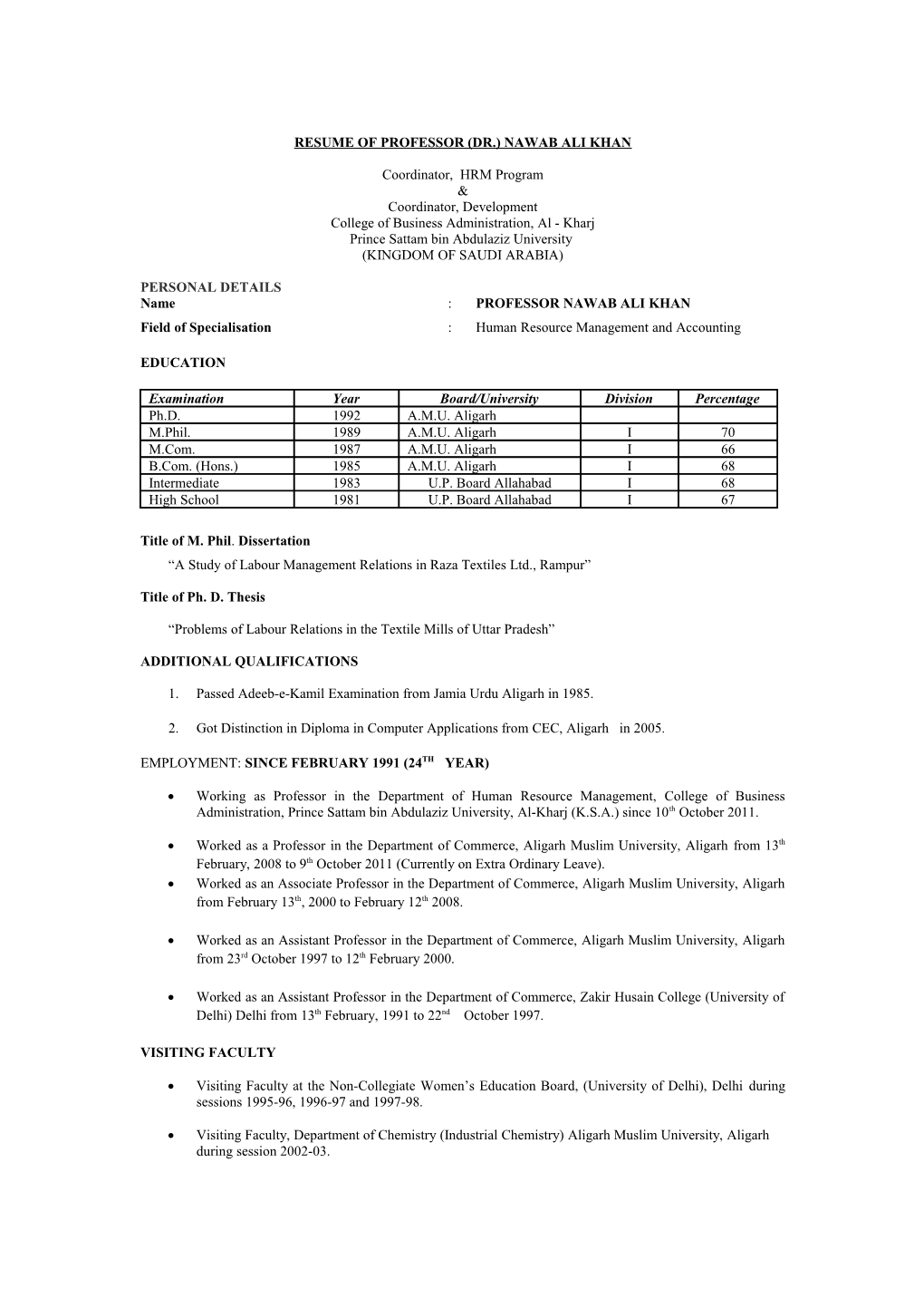 Resume of Professor (Dr.) Nawab Ali Khan