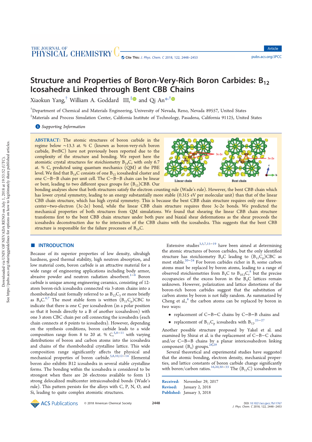 Structure and Properties of Boron-Very-Rich Boron Carbides: B12 Icosahedra Linked Through Bent CBB Chains † ‡ † Xiaokun Yang, William A