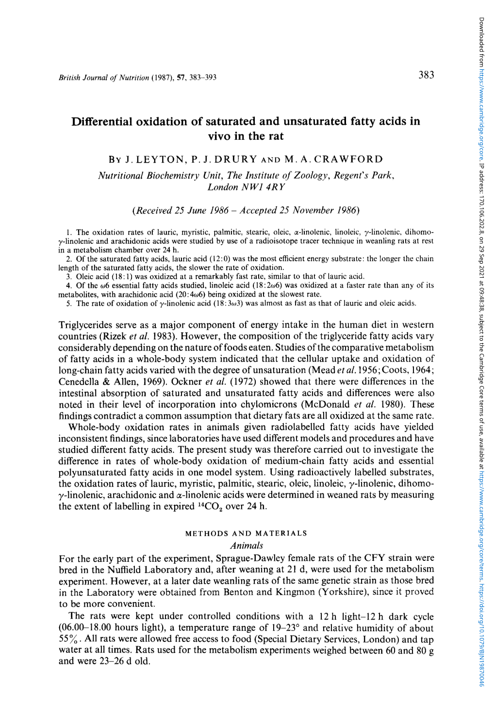 Differential Oxidation of Saturated and Unsaturated Fatty Acids in Vivo in the Rat