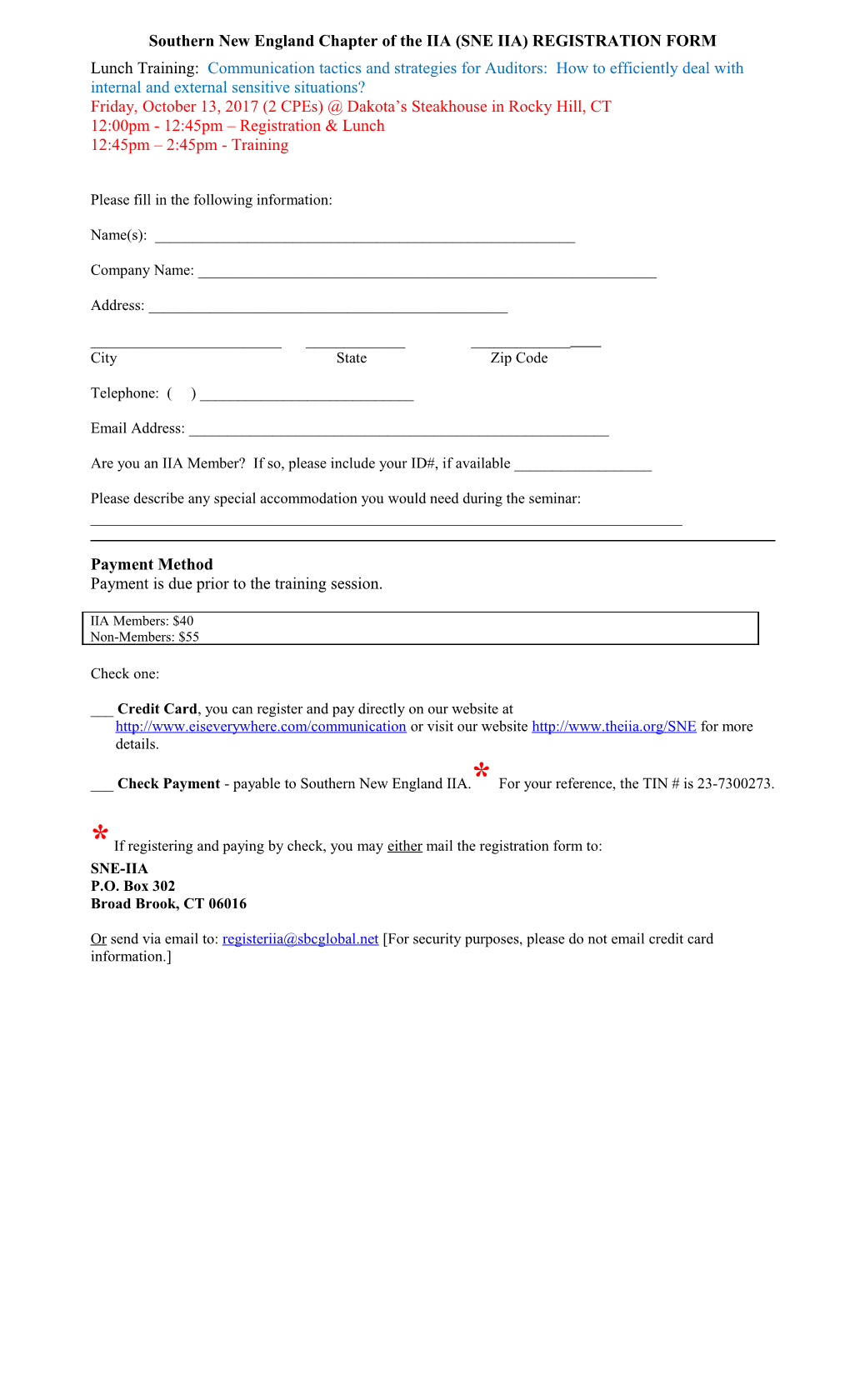 Southern New England Chapter of the IIA (SNE IIA) REGISTRATION FORM