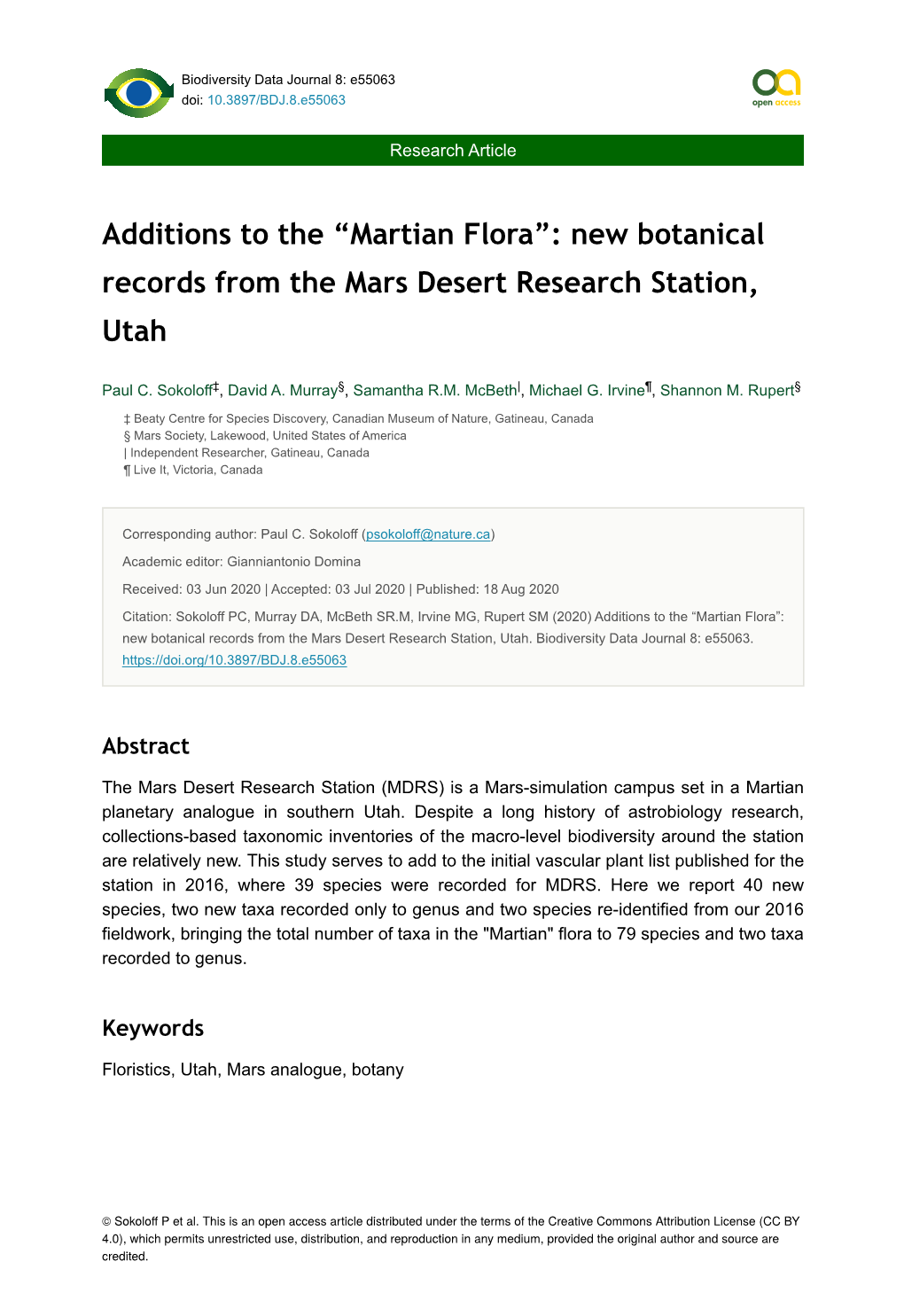 Additions to the “Martian Flora”: New Botanical Records from the Mars Desert Research Station, Utah