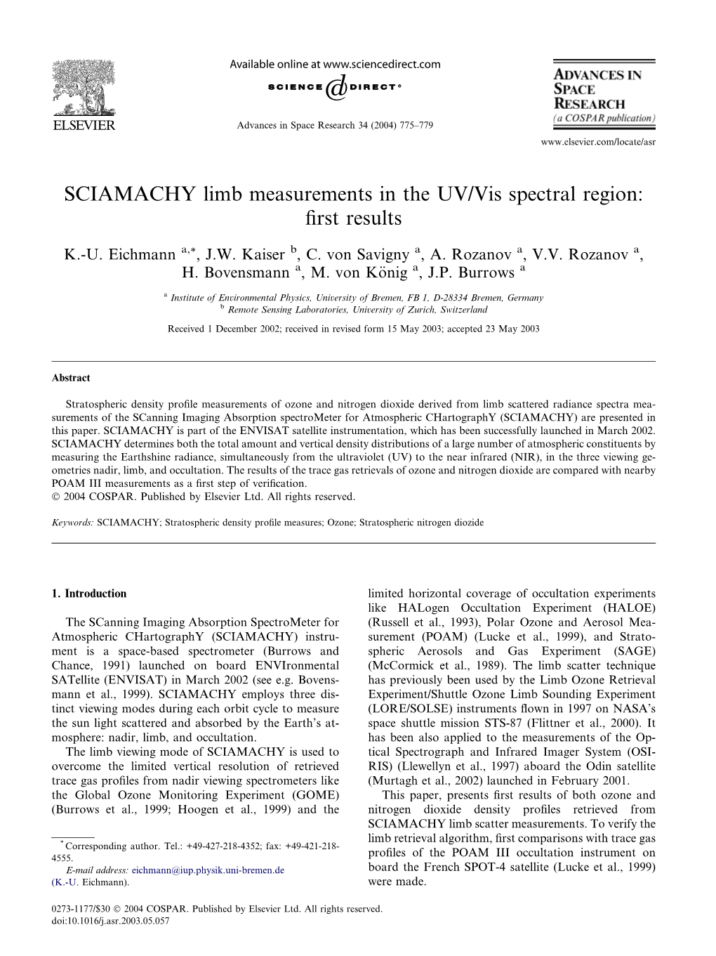 SCIAMACHY Limb Measurements in the UV/Vis Spectral Region: First Results