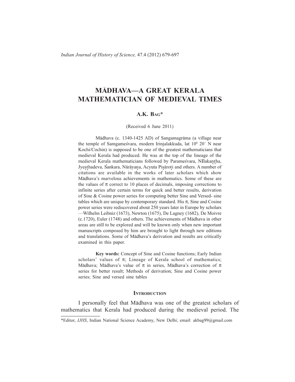 Dhava—A Great Kerala Mathematician of Medieval Times