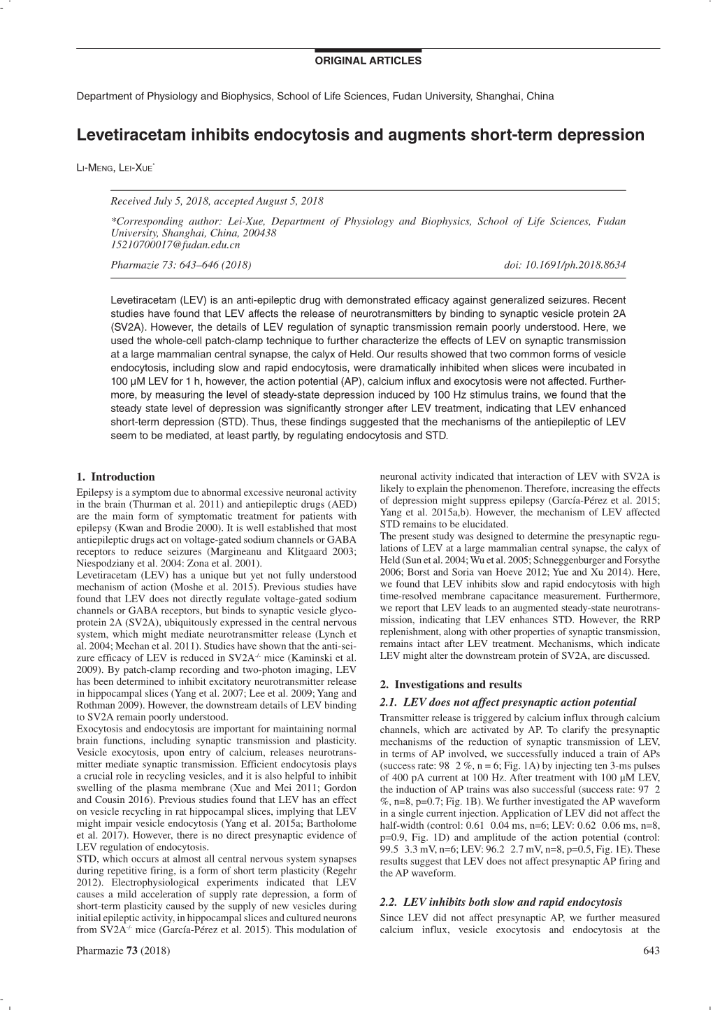 Levetiracetam Inhibits Endocytosis and Augments Short-Term Depression