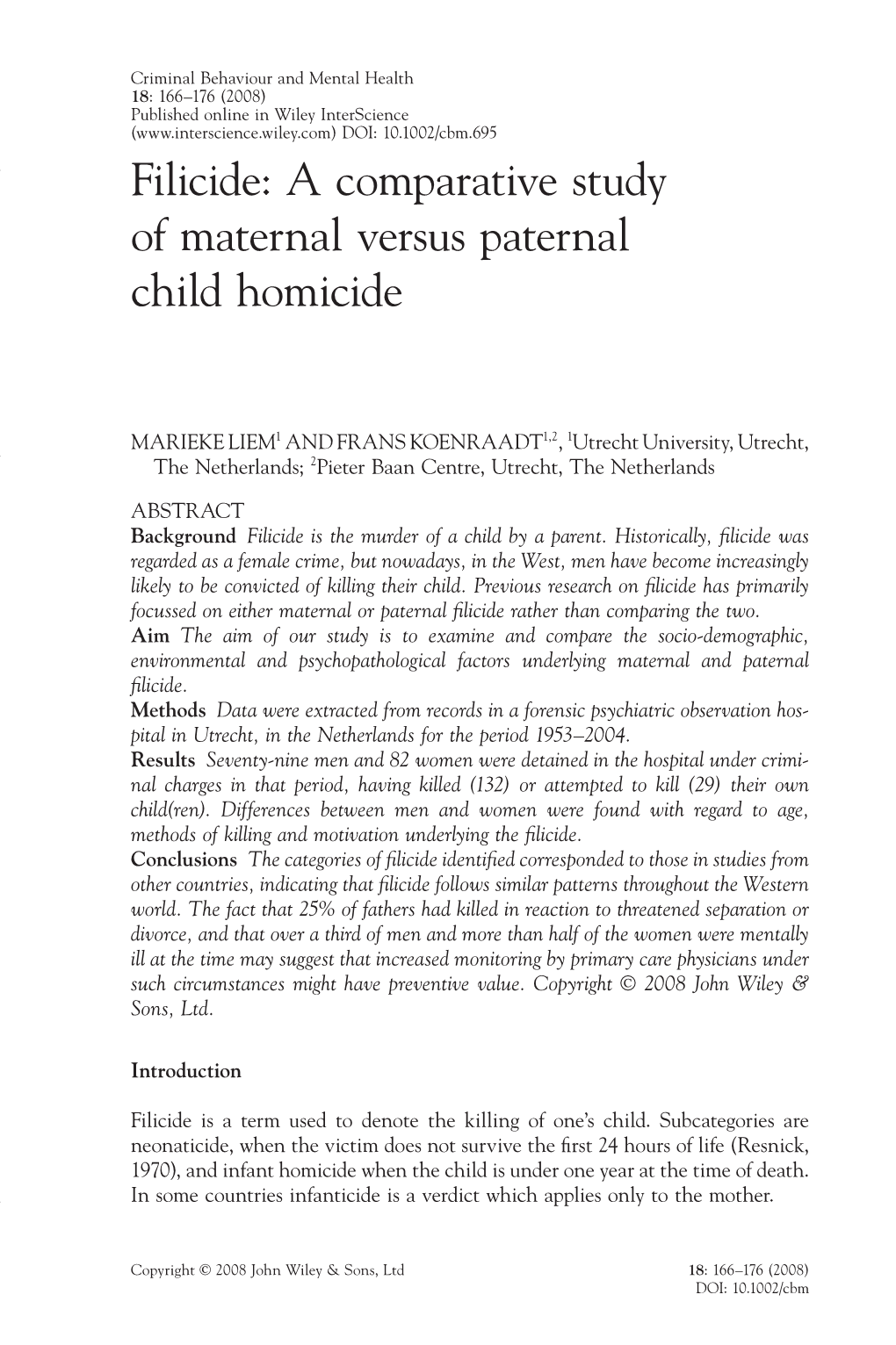 Filicide: a Comparative Study of Maternal Versus Paternal Child Homicide