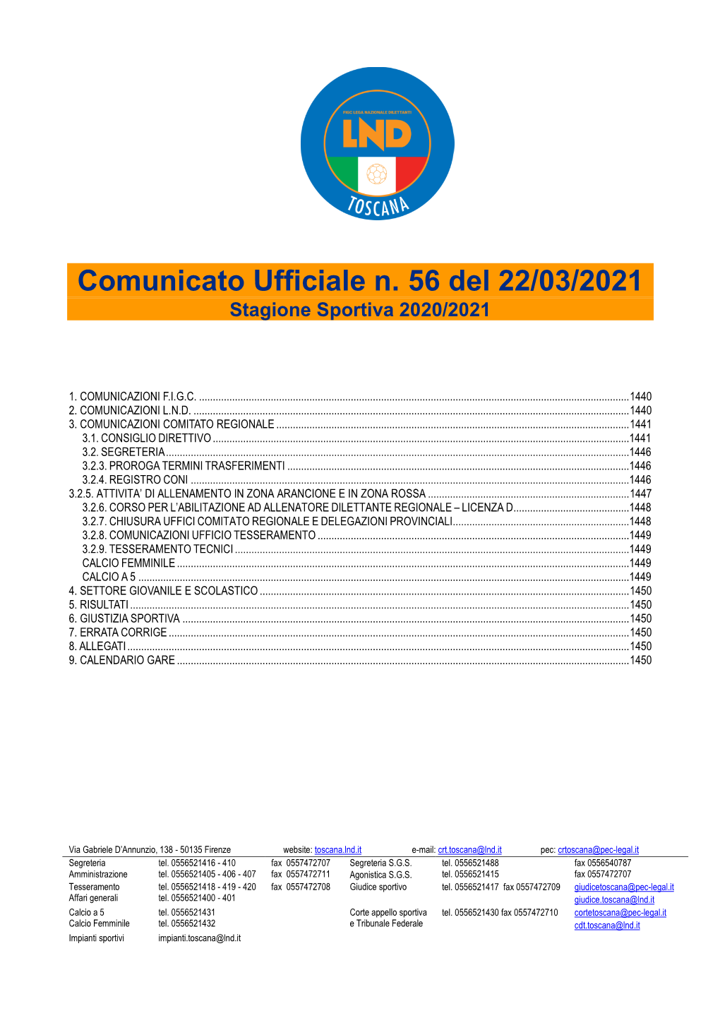 Comunicato Ufficiale N. 56 Del 22/03/2021