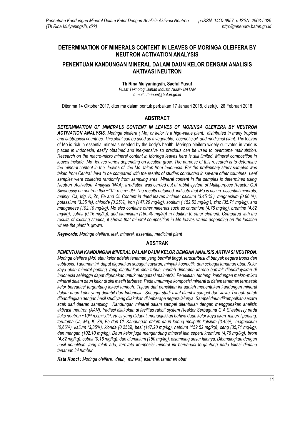 Determination of Minerals Content in Leaves of Moringa Oleifera By