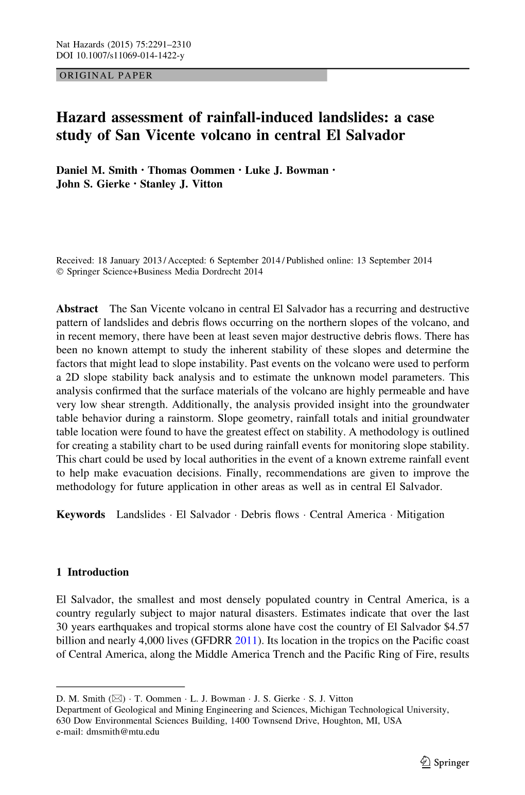 Hazard Assessment of Rainfall-Induced Landslides: a Case Study of San Vicente Volcano in Central El Salvador